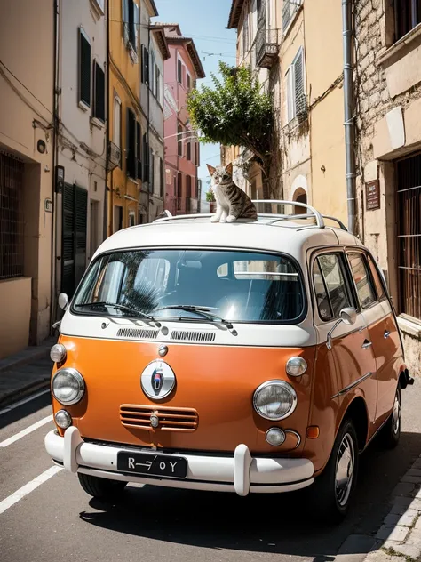 A cat next to a FIAT 600 multipla van parked in a Italian street.