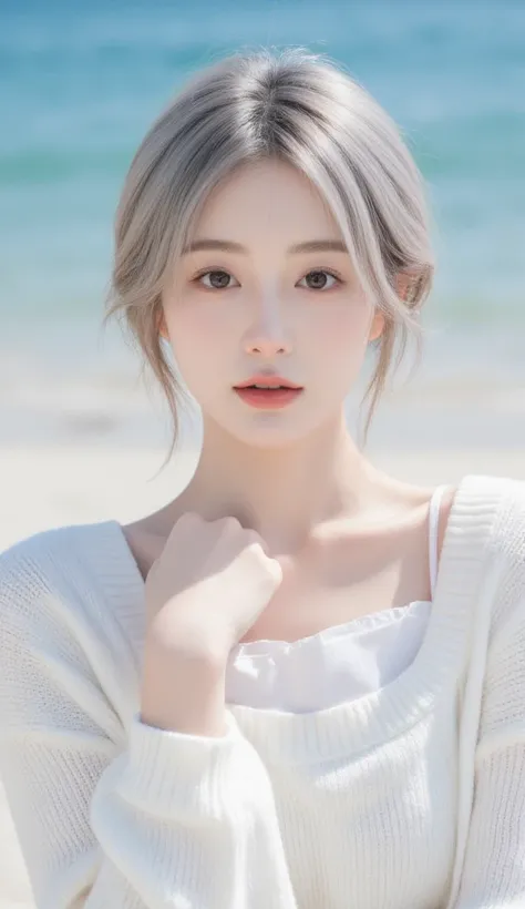  Japanese girl with silver hair who has beautiful white skin、A beautiful, delicate body with white skin、The height is petite and the waist is thin、 man with white sweater {x} medium hair with waves、 white blouse、naked、A beautiful little face like Michiko Y...