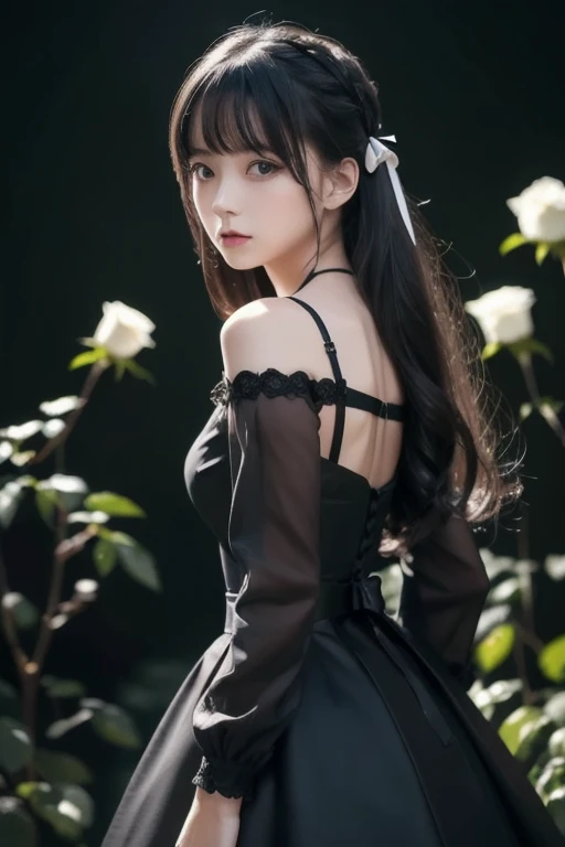 ((masterpiece,  top quality )), best aesthetics, 1 girl, Alone,  long hair,  black dress, flower, ribbon,  black background,  black hair,  Rose, hair ribbon,  green eyes,  Long Sleeve , white  Rose,   closed mouth , black ribbon,  upper body,  cinematic li...