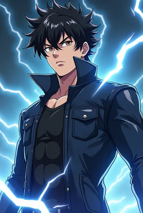  Anime character with electricity power , mustachioed appearance ,  slightly wavy black hair with a gradient on the sides,  light brown eyes ,  take a serious look,  wide shoulder leather jacket,  defined body.  full body image  