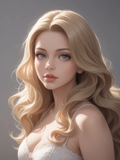 photorealistic photo taken on Nikon, photo of a 30-year-old Russian woman, blonde with slightly long hair in high resolution 
white-brown wavy hair falling over her shoulders, bright expressive eyes, full lips, she is wearing a premium chocolate-colored dr...