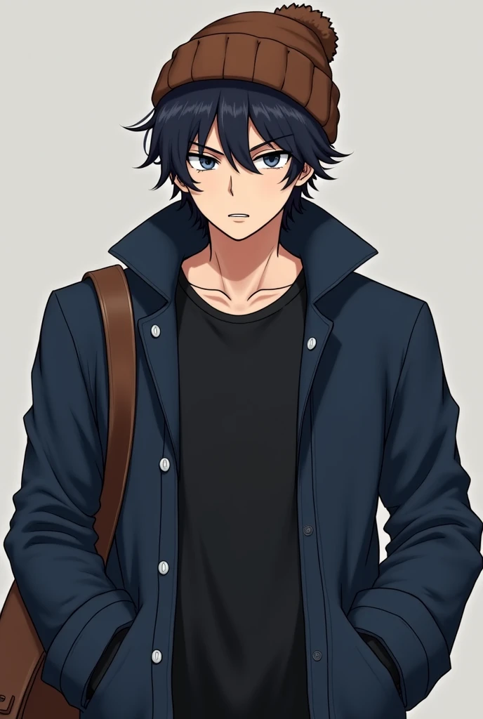 A man who is 175 centimeters tall , has a dark blue jacket unbuttoned, with a black T-shirt underneath, wears a leather bag. Wears a brown beanie hat. Medium build. Angry facial expression, a little shabby. Not musculine face. Black hair. Anime brutal styl...