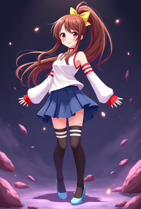 A young anime girl with long brown hair tied in a ponytail with a yellow ribbon. She is wearing a sleeveless white top with red accents and a blue pleated skirt. Her arms are covered with white arm warmers that have red stripes. She has on thigh-high black...