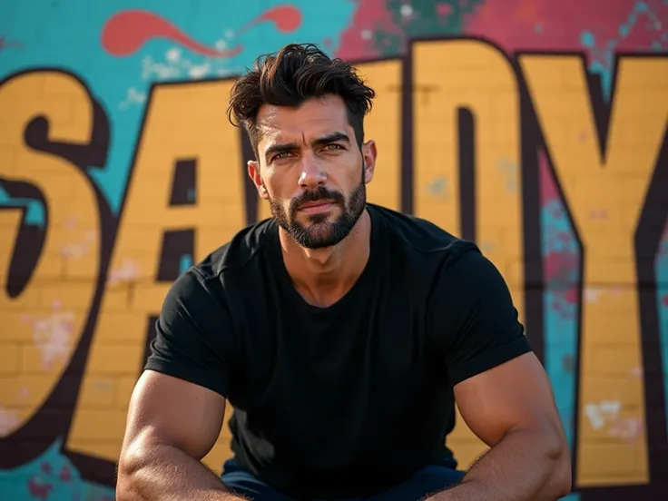 handsome man,ber black t-shirt, leaning in front of a mural inscribed with text ( sandy ) capital letters