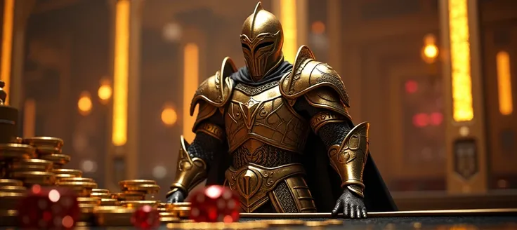 flare lights and dice, and catch people eye with gold colour golden and black CASINO background ,DICS ,CREATIVE, 8K,show SLOT GAME kingdom knight CHARACTER,COIN,AMAZING BACKGROUND 