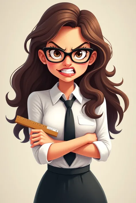   Cartoon image teacher with white blouse and black tie and short skirt,   with a ruler in hand  ,     herself wearing glasses ,   Very long wavy brown hair  ,    dark brown eyes , very angry,  angry face , eyes of anger, Mouth of anger, folded arms 