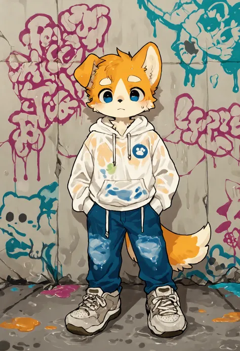 source_ furry， furry male，elementary school students，((boy  ))，Dog boy  , (furry, kemono  :1.4)， masterpiece, best quality, perfect anatomy, bright eyes, detailed eyes, furry,  male,cute, smaller male，Detailed background: Graffiti wall,
 The clothes were c...