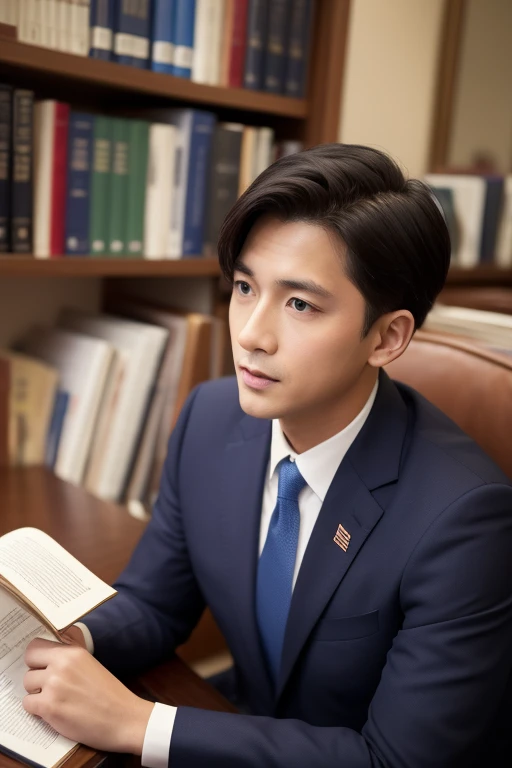  is wearing a suit and has a law book、The young president 