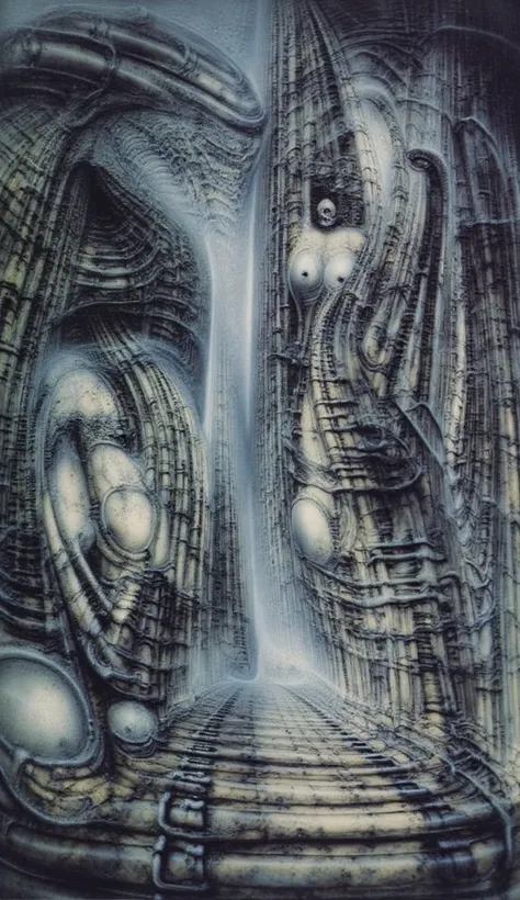 DARK BLACK COLORS, Giger_style, H. R. Giger's g1g3r, , Giger_style, The image is a detailed view of H.R. Giger's \" HRG Aleph \" plate, featuring ( The image depicts a surreal, intricate artwork featuring two humanoid figures with mechanical or industrial ...