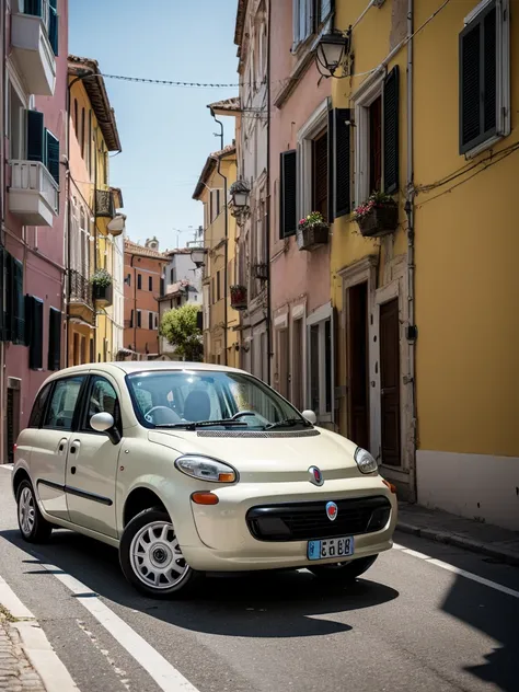 A cat in front of a FIAT 600 multipla van parked in a Italian street. Professional photograph