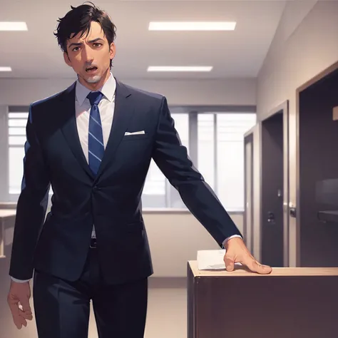 masterpiece, high quality, (50 year old man:1.5) and (short black hair) and (brown eyes), (suit) and (blue tie), angry, open mouth, alone, standing, in the office room,
