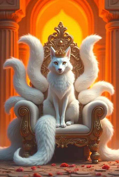 White vixen sitting on a throne with a crown and several tails with an orange background realistic style 