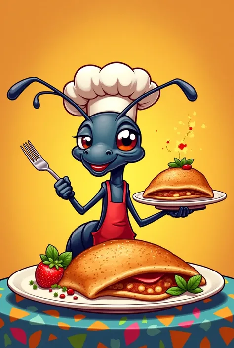 I want an image on a plate that shows the empadda with the big ass ant creative cartoon that highlights the name of the empanada the feast 