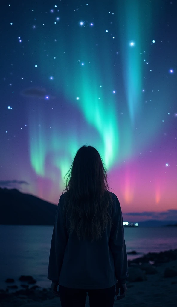 Create an image of a serene night scene featuring a woman with long hair standing quietly. The night sky is adorned with vibrant auroras and colorful stars, enhancing the beauty of the moonlit evening."