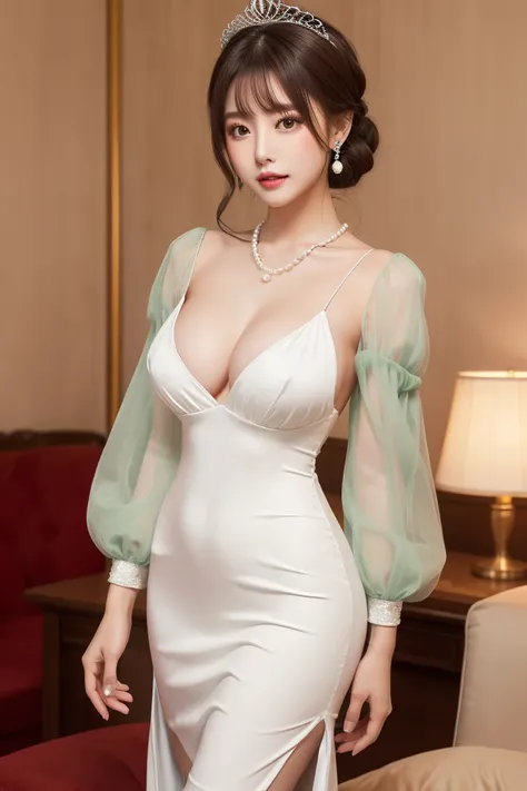  1 girl　 love hotel room　brown　 short ponytail hair　Jade green eyes　 earrings　 necklace　Pearl Tiara　sparkling white princess dress with open chest　embellished dress　Comes with a sleeve　Very long skirt　 black tights　Silver high heels　Big Breasts　 slender 　 ...