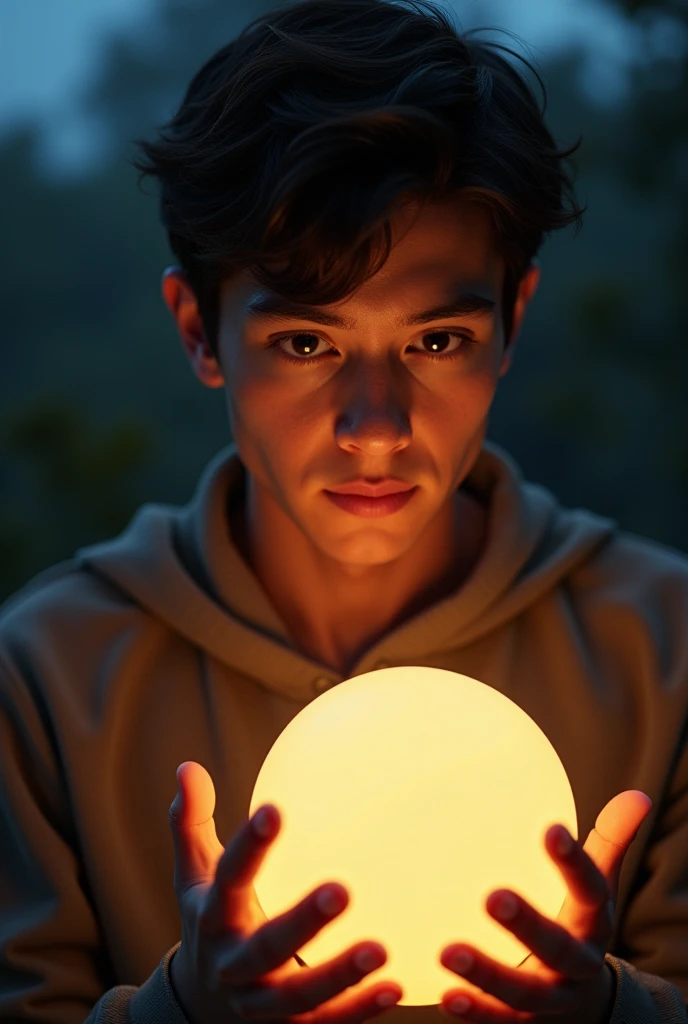 Young man looks at orange glowing ball