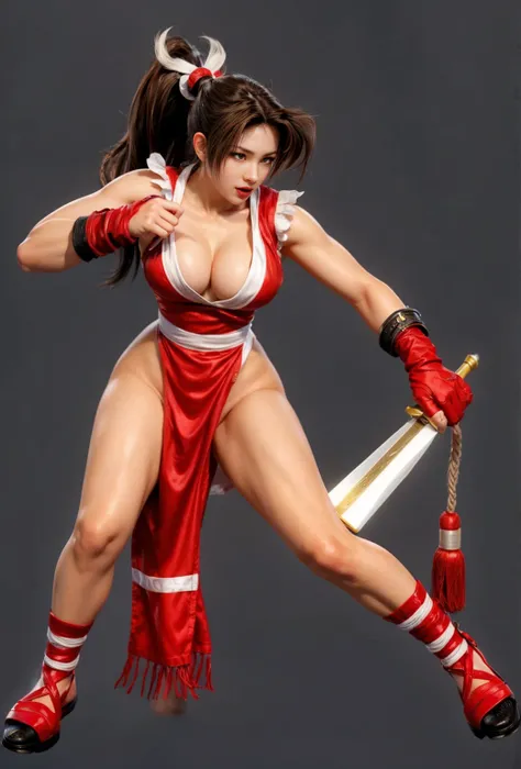 Mai Shiranui, (best qualityer,ultra details),(realisitic:1.37), beautiful and detailed face, ultra-realisitic texture, Exquisite face, athletic body, bright coloured. High definition, 8k, wearing red lipstick, rosy cheeks. expression with a sexy and seduct...