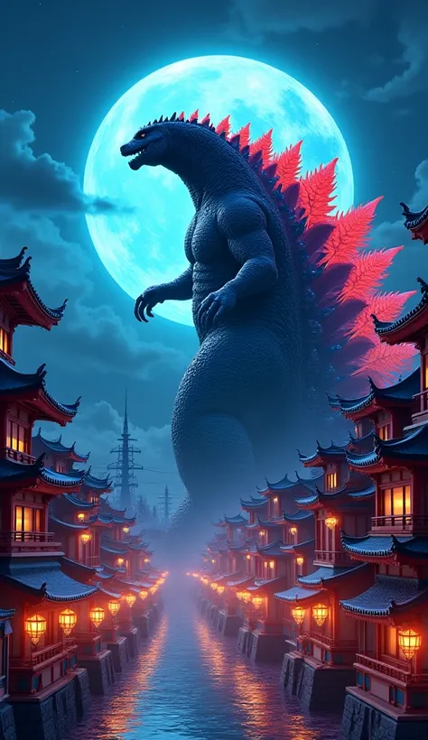 In a Japanese town、 in a large font {x} Please make a logo where the dragon and Godzilla are fighting。 The Dragon and Godzilla are shining 、 The Moon is blue in half 、 One side is red 、 on one side 。Realistic、 Let Godzilla and the Moon light up 、「VIX CLAN ...