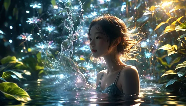  1 girl， beautiful，Sparkling Water ， motion blur，  Lots of Fractal Plants ，Cinematic lighting effects，蓮華座,  On the water,  reflection ,，【Glowing lines】,【Illumination example】，Tracking Example， flash ，  backlight， translucent ， light particles