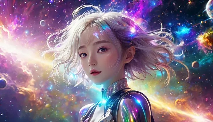  floating in-space 、((whole body))、,  top quality,  Highly Detailed CG Synthesis 8K Wallpaper , Cinema Lighting,  lens flare,  pay attention to details, White clothes,   multicolored hair , Rich and colorful light,  particle, 、 girl、Laugh without fear 、  r...