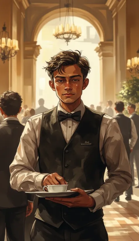 
- The boy working as a waiter in a hotel, with a determined look 
- A dramatic transformation, with the boy becoming a successful hotel owner or entrepreneur
