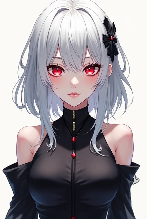 Anime White haired woman, black highlights, red eyes, standing face