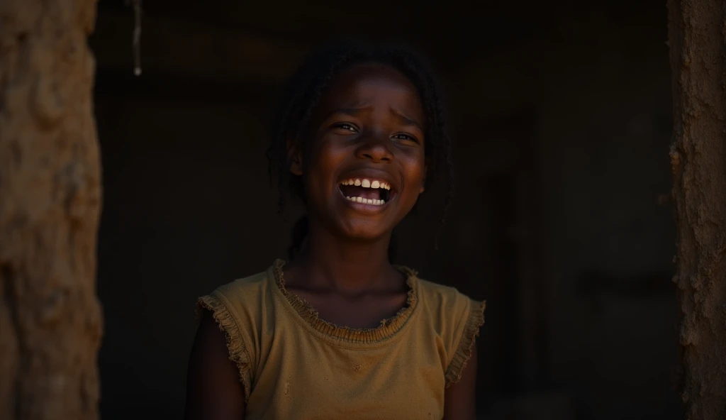 nine year old african girl in a mud room crying at night