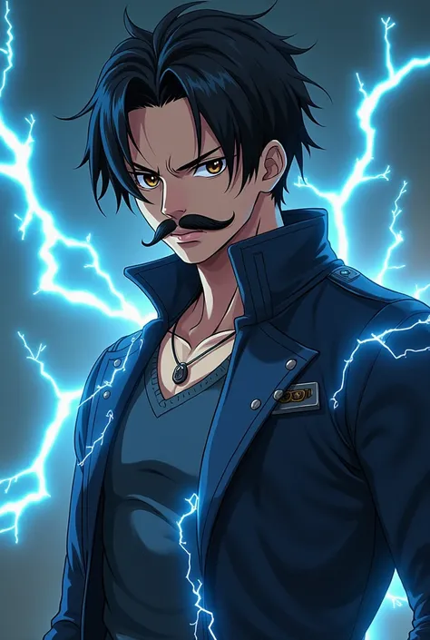  Anime character based on one piece, With the power of electricity , Italian-style mustachioed appearance ,  slightly wavy black hair with a gradient on the sides,  light brown eyes ,  take a serious look,  wide shoulder leather jacket,  defined body, 19 y...