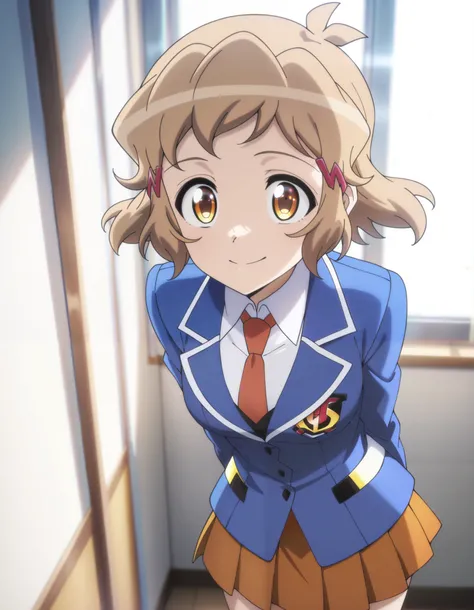 masterpiece, best quality, amazing quality, very aesthetic, absurdres, newest, anime coloring, anime screenshot, hibikigear, 1girl, solo, short hair, hair ornament, brown hair, hairclip, necktie, brown eyes, anime coloring, school uniform, pleated skirt, b...