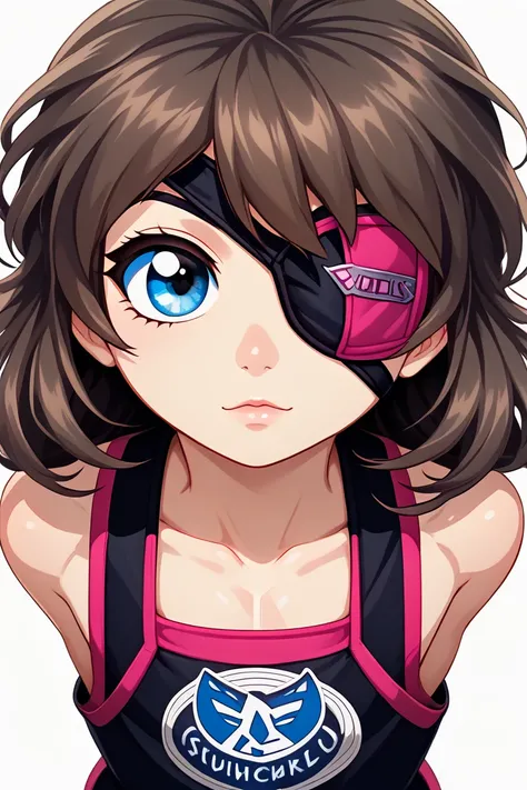 Standing illustration，Androgynous person，Boyish hairstyle and blue，Eye color is blue，Dressed in jerseys，white background simple background，solo. I girl，upright，concept art，Eyes up close，Wearing an eyepatch on one eye