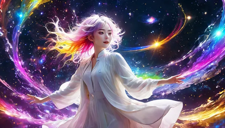  floating in-space 、((whole body))、,  top quality,  Highly Detailed CG Synthesis 8K Wallpaper , Cinema Lighting,  lens flare,  pay attention to details, White clothes,   multicolored hair , Rich and colorful light,  particle, 、 girl、Laugh without fear 、  r...