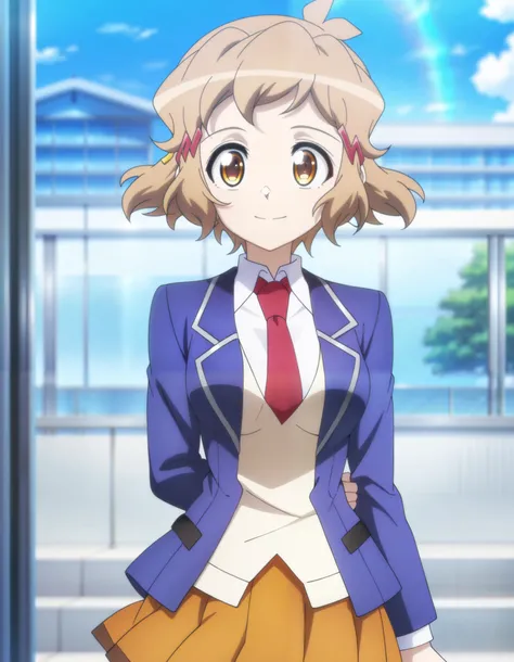 masterpiece, best quality, amazing quality, very aesthetic, absurdres, newest, anime coloring, anime screenshot, hibikigear, 1girl, solo, short hair, hair ornament, brown hair, hairclip, necktie, brown eyes, anime coloring, school uniform, pleated skirt, b...