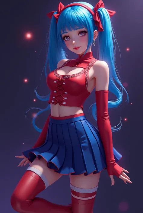 (Score_9, Score_8, Score_7_up), (masterpiece, best quality, amazing quality:3.1), intricate detail, very aesthetic, absurdres, newest, BREAK, (1girl), (solo), blue hair with a red headband, sleeveless red top with red accents and a small red bow at the cen...