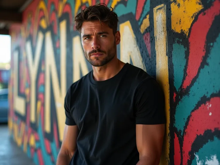 Handsome man 30 years old,black t-shirt, leaning in front of a mural inscribed with text ( lynn ) capital letters