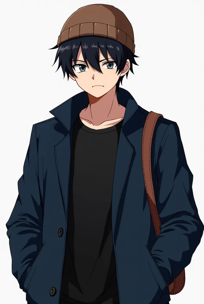 A man who is 175 centimeters tall , has a dark blue jacket unbuttoned, with a black T-shirt underneath, wears a leather bag. Wears a brown beanie hat. Medium build. Angry facial expression, a little shabby. Not musculine face. Black hair. Anime brutal styl...