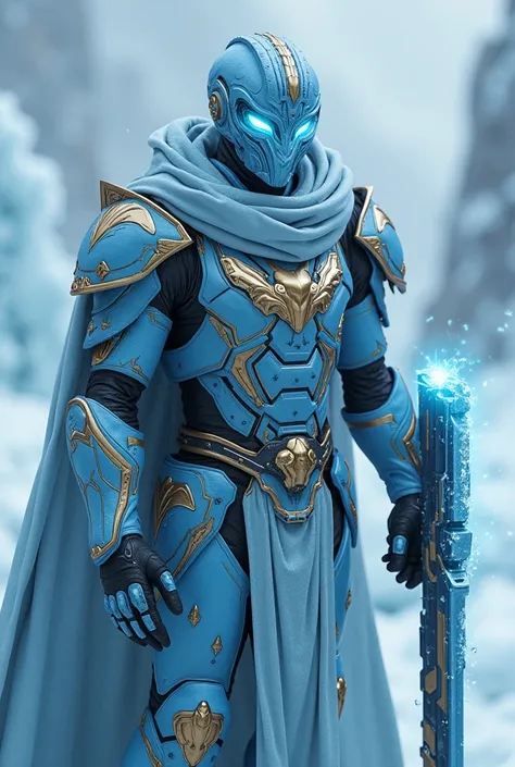 Hyper realistic 16k resolution  real engine stye portrait image of mythical solider in futuristic ice landwith full ice light in there with full mask on  and should be in solider suit but in ice blue and gold suit like futuristic solider with futuristic we...