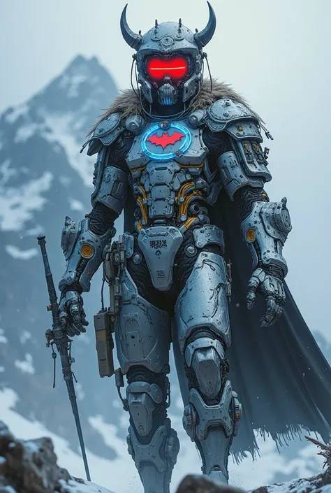 Twisted version of viking cyborg, The murder machine, Bad Aligment, Robotic appearance, Simple look glowing One red eye and machine modification, wear cyborg clean light silver and dark silver robotic suits and Bear fur Coat, No capes, glowing blue Cable a...