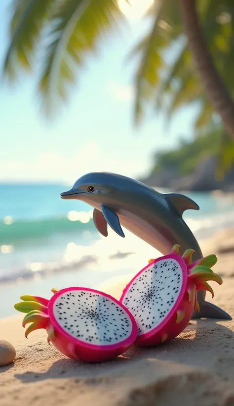 Create a creative digital art composition titled ‘Dolphin + Dragonfruit.’ The scene should feature:
	1.	Left side: A highly detailed 3D rendering of a graceful dolphin, its sleek, smooth body gliding through the water. The dolphin’s skin should have lifeli...