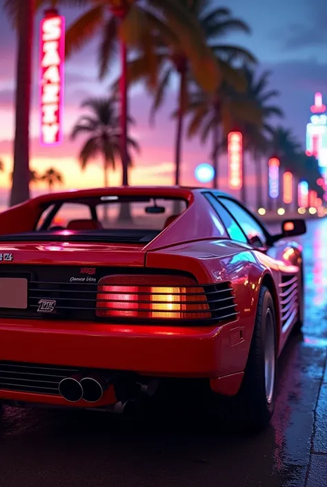 "A sleek, red sports car inspired by the Ferrari Testarossa, featuring a low-profile aerodynamic body, wide rear vents, and distinctive three circular taillights on each side. The car is parked under neon lights in a retro 1980s cityscape, with palm trees ...