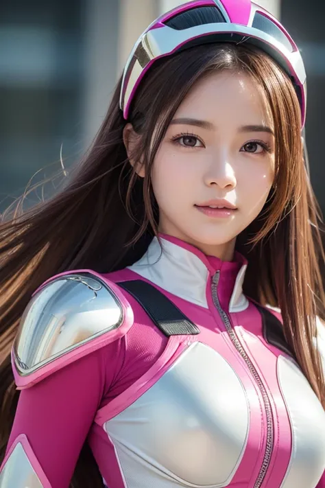  Cute Woman in a Pink Power Ranger Costume, Choi Digital Art , Hand helmet , Pink and White Suid ,  Wear White Gloves , Advanced Details, Super detailed, Movie version,Anime Cosplay Style、face-closeup、、
Huge 、  long brown hair、 shiny ,  oily skin 、  glowin...