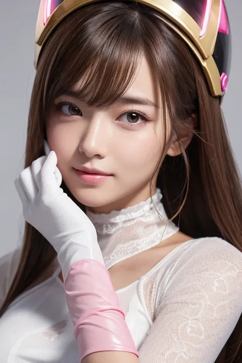  Cute Woman in a Pink Power Ranger Costume, Choi Digital Art , Hand helmet , Pink and White Suid ,  Wear White Gloves , Advanced Details, Super detailed, Movie version,Anime Cosplay Style、face-closeup、、
Huge 、  long brown hair、 shiny ,  oily skin 、  glowin...