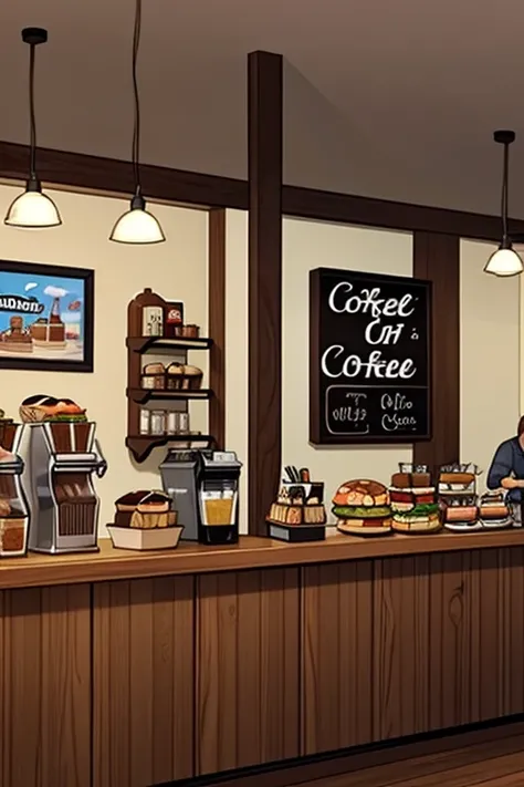 Create a background image that is a typical American coffee shop. It has to have shakes, burgers, Cokes and cakes. cartoon drawing