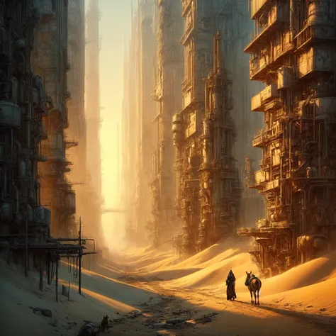 there is a woman with a donkey walking down a street in an abandoned refinery, city in desert, desert city, beeple and jean giraud, james gurney and andreas rocha, bastien grivet, in fantasy sci - fi city, ancient sci - fi city, andreas rocha style, by Ale...