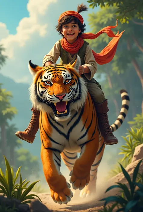 Pathan boy riding on tiger and laughing 