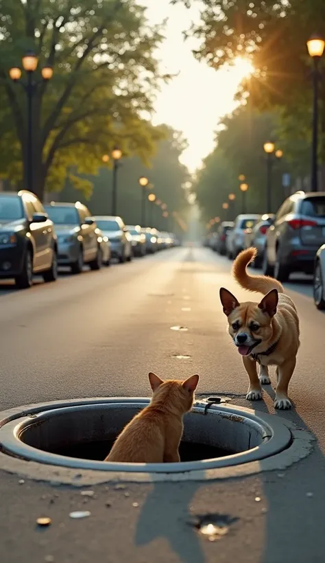 "A small cat has completely fallen into an open manhole and is now inside, its curious eyes peeking up from the darkness below. Nearby, a playful dog is walking past the manhole, its tail wagging and ears perked as it notices the cat's predicament. The dog...