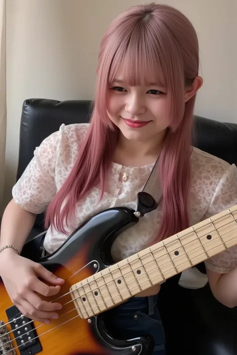 1girl, Solo, High Quality, Masterpiece, Anatomically Correct, Super Detailed, Textured Skin, Long Hair, Pink Hair, Blunt Bangs, Large breasts, Long Eyelashes, Naughty, Smile, Sony FE GM, F/16, 35mm, Upside-Down, Realism, She is playing the bass in her room...