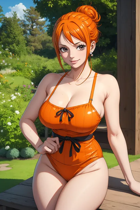 NamiFinal, Nami do anime One Piece,  orange hair, fringe, hair in a bun,   beautiful,   beautiful,  perfect body ,  perfect breasts, wearing orange lingerie ,  thigh-length fishnet socks, suspender,  using earrings, using a watch, in the park, cherry, trad...