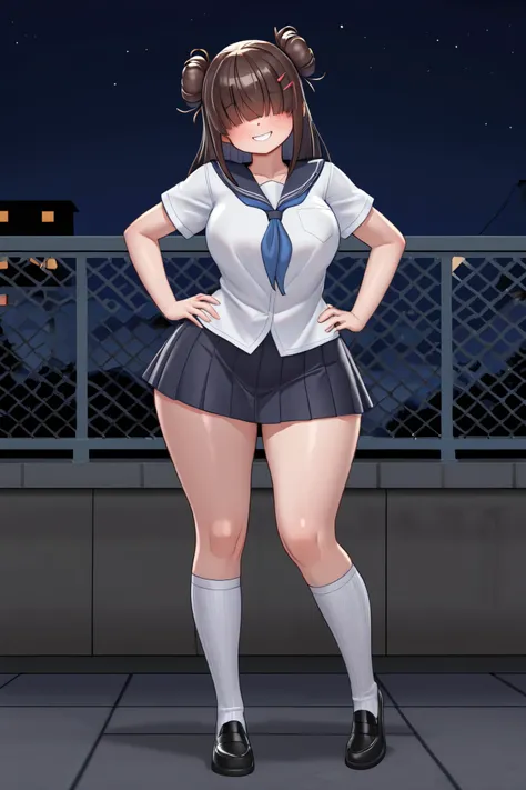 female, cute, school girl, sexy, school background, outside, night, school rooftop, chocker, school uniform, bangs over eyes, school socks and shoes, massive tits, smile, hair in a bun, hair pins, ultra-wide hips, massive tits, hands on hips, hip tilt, oh ...