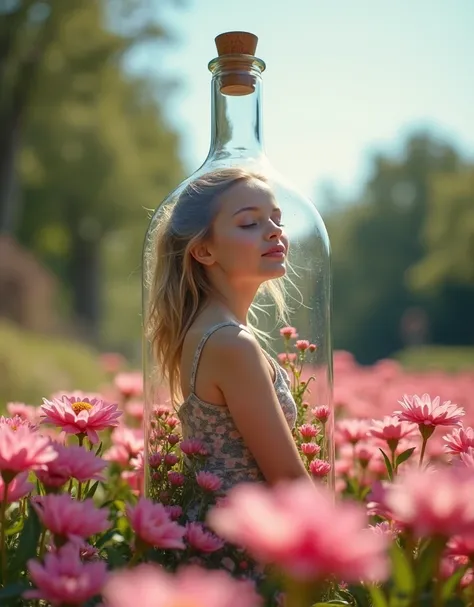 a beautiful 18 year old girl in the giant bottle , a pink flower garden