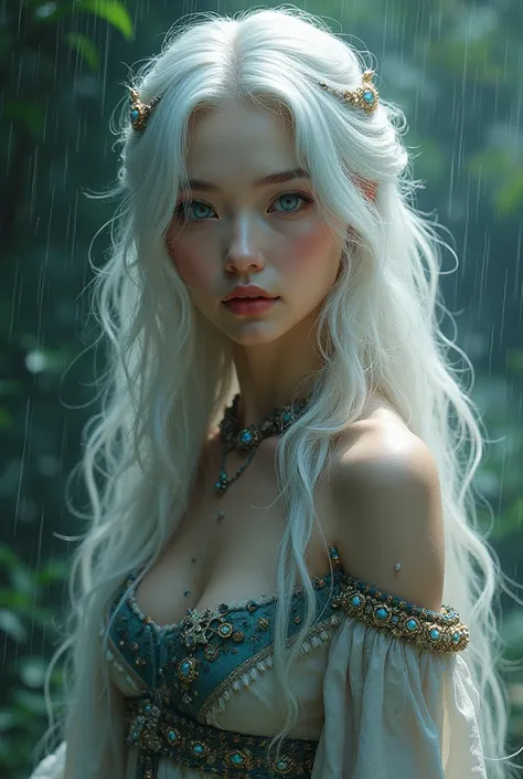 Ultra realistic 4k gypsy beauty with Japanese facial features,   with wavy white hair  ,    Blue eyes taking rain